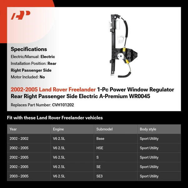 2002-2005 Land Rover Freelander 1-Pc Power Window Regulator Rear Right Passenger Side Electric A-Premium WR0045