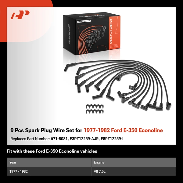 9 Pcs Spark Plug Wire Set for 1977-1982 Ford E-350 Econoline