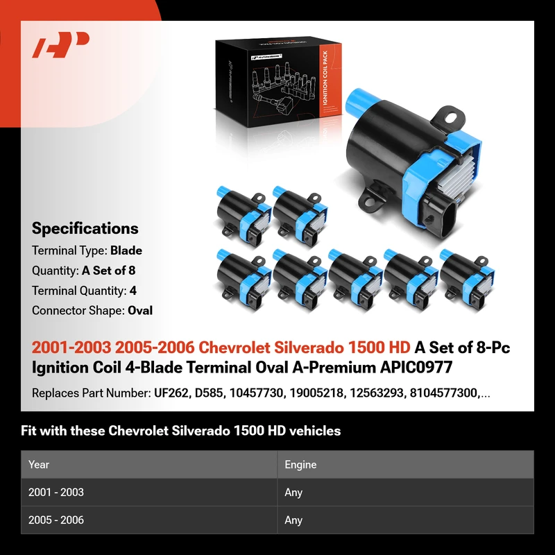 2001-2003 2005-2006 Chevrolet Silverado 1500 HD A Set of 8-Pc Ignition Coil 4-Blade Terminal Oval A-Premium APIC0977