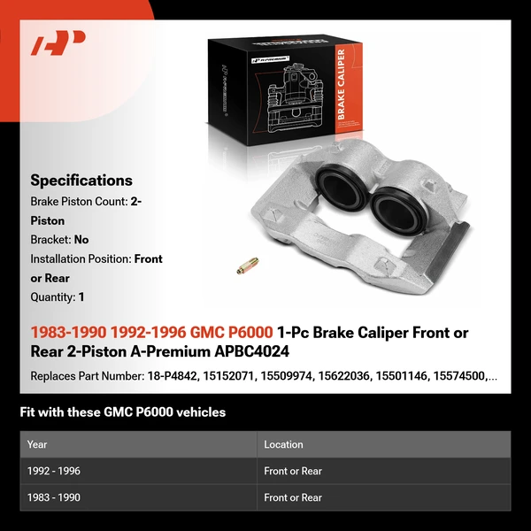 1983-1990 1992-1996 GMC P6000 1-Pc Brake Caliper Front or Rear 2-Piston A-Premium APBC4024