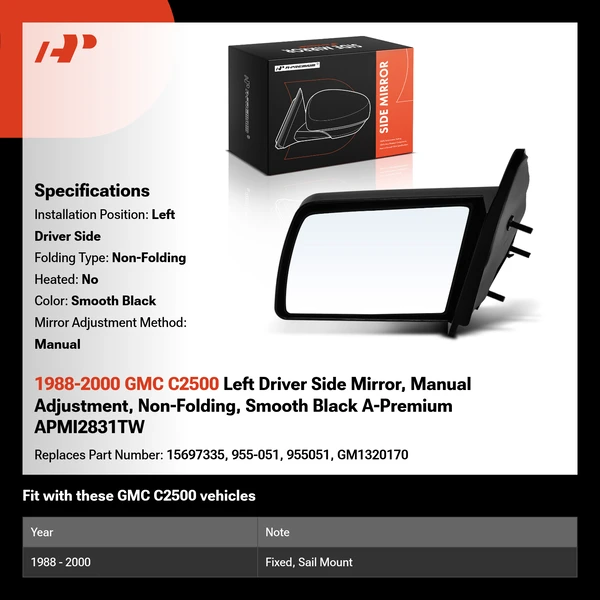 1988-2000 GMC C2500 Left Driver Side Mirror, Manual Adjustment, Non-Folding, Smooth Black A-Premium APMI2831TW