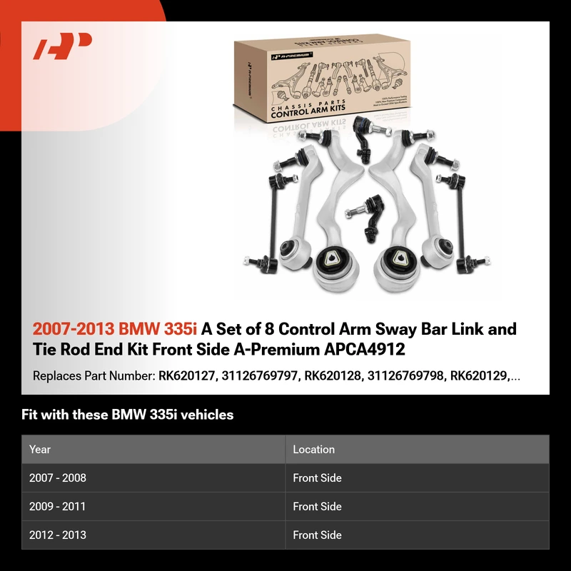 2007-2013 BMW 335i A Set of 8 Control Arm Sway Bar Link and Tie Rod End Kit Front Side A-Premium APCA4912