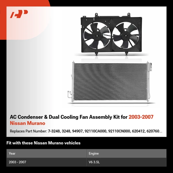AC Condenser & Dual Cooling Fan Assembly Kit for 2003-2007 Nissan Murano