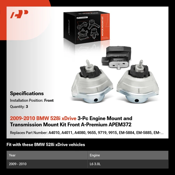 2009-2010 BMW 528i xDrive 3-Pc Engine Mount and Transmission Mount Kit Front A-Premium APEM372