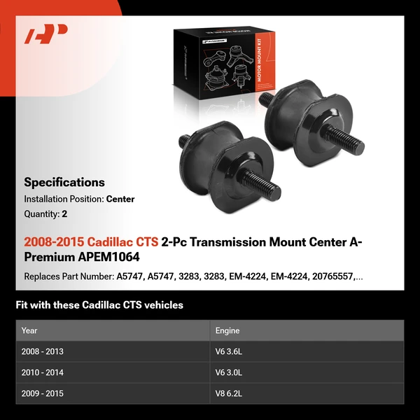 2008-2015 Cadillac CTS 2-Pc Transmission Mount Center A-Premium APEM1064