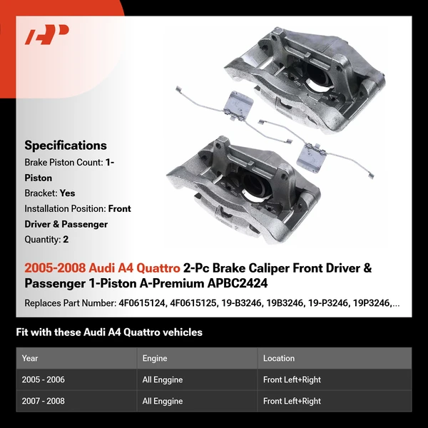 2005-2008 Audi A4 Quattro 2-Pc Brake Caliper Front Driver & Passenger 1-Piston A-Premium APBC2424