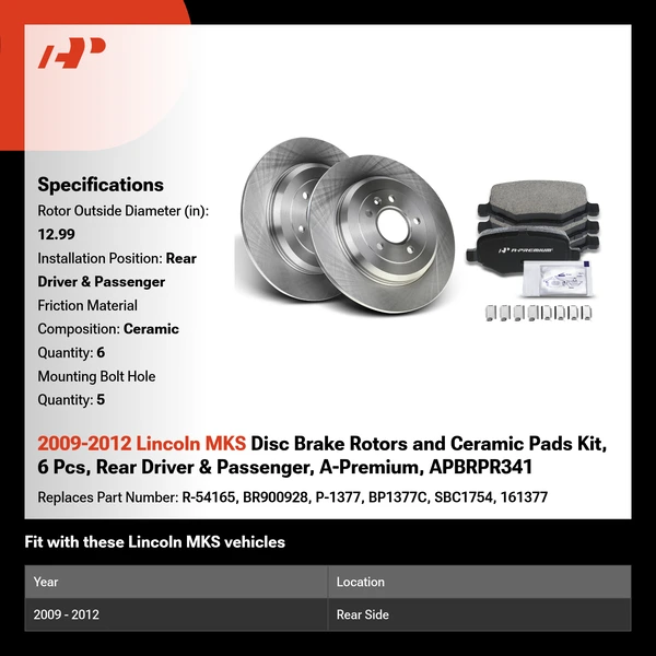 2009-2012 Lincoln MKS Disc Brake Rotors and Ceramic Pads Kit, 6 Pcs, Rear Driver & Passenger, A-Premium, APBRPR341