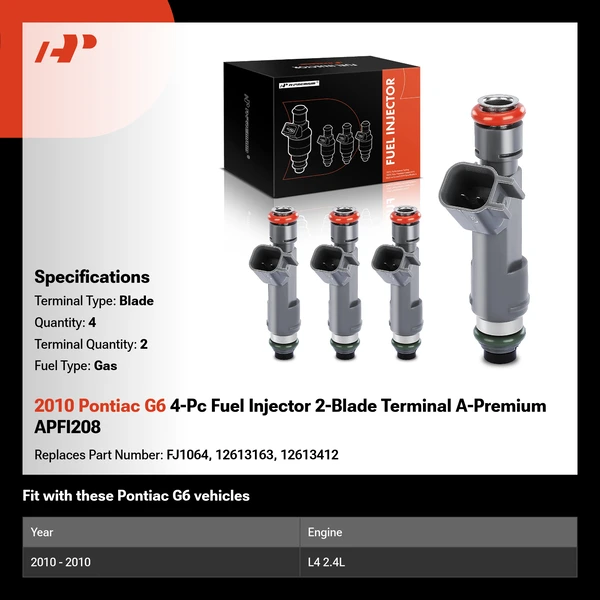 2010 Pontiac G6 4-Pc Fuel Injector 2-Blade Terminal A-Premium APFI208