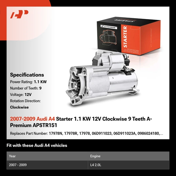 2007-2009 Audi A4 Starter 1.1 KW 12V Clockwise 9 Teeth A-Premium APSTR151