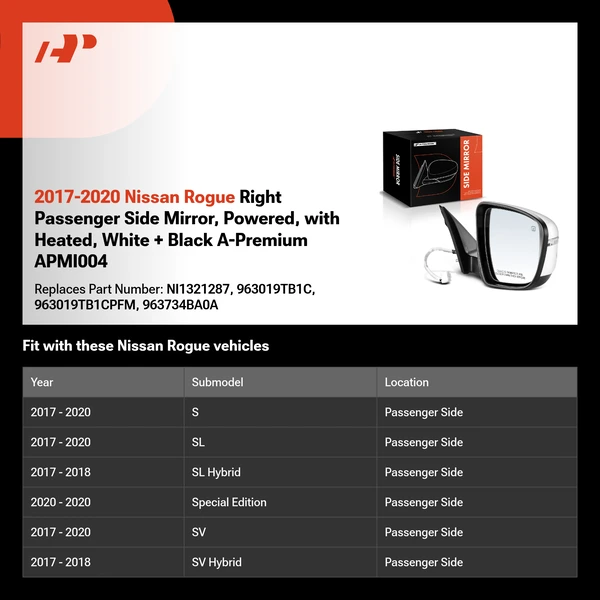 2017-2020 Nissan Rogue Right Passenger Side Mirror, Powered, with Heated, White + Black A-Premium APMI004