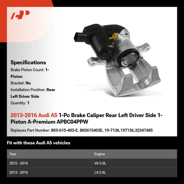 2013-2016 Audi A5 1-Pc Brake Caliper Rear Left Driver Side 1-Piston A-Premium APBC04PPW