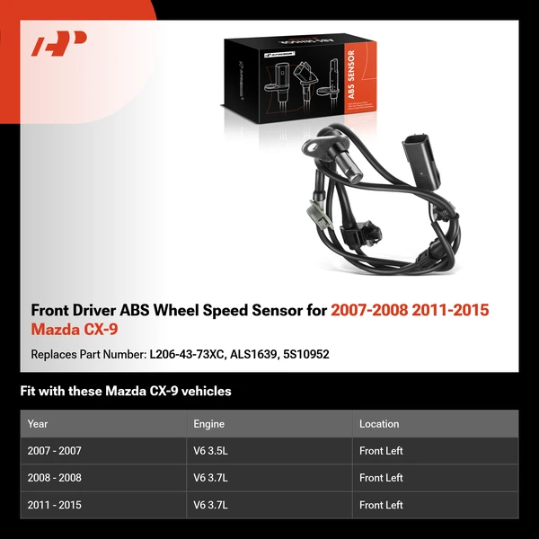 Front Driver ABS Wheel Speed Sensor for 2007-2008 2011-2015 Mazda CX-9