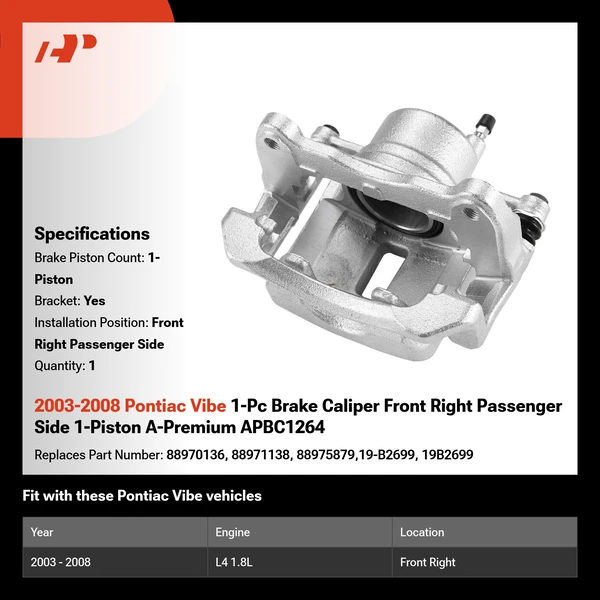 2003-2008 Pontiac Vibe 1-Pc Brake Caliper Front Right Passenger Side 1-Piston A-Premium APBC1264