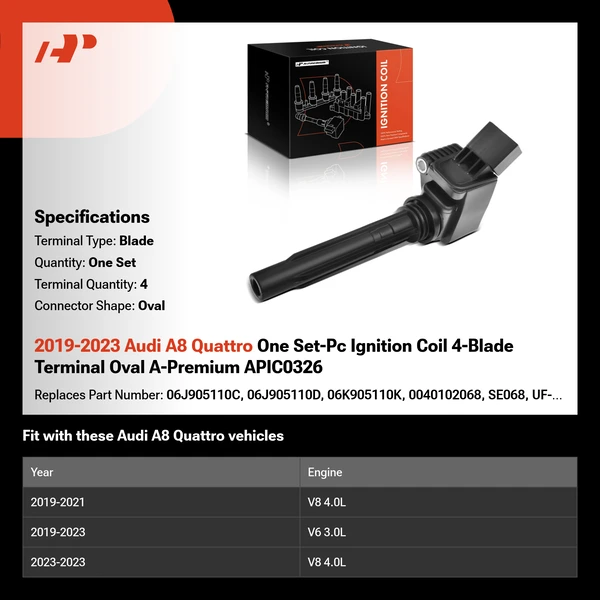 2019-2023 Audi A8 Quattro One Set-Pc Ignition Coil 4-Blade Terminal Oval A-Premium APIC0326
