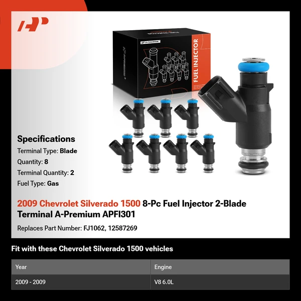 2009 Chevrolet Silverado 1500 8-Pc Fuel Injector 2-Blade Terminal A-Premium APFI301