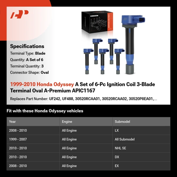 1999-2010 Honda Odyssey A Set of 6-Pc Ignition Coil 3-Blade Terminal Oval A-Premium APIC1167
