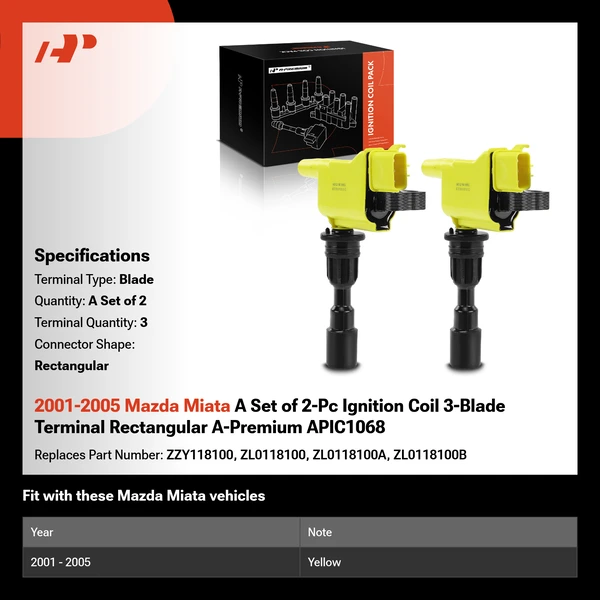 2001-2005 Mazda Miata A Set of 2-Pc Ignition Coil 3-Blade Terminal Rectangular A-Premium APIC1068