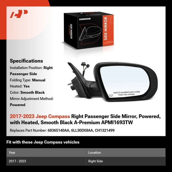2017-2023 Jeep Compass Right Passenger Side Mirror, Powered, with Heated, Smooth Black A-Premium APMI1693TW