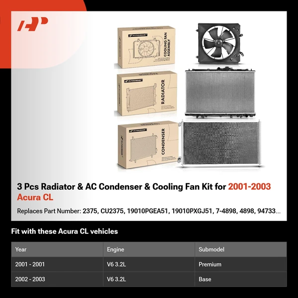 3 Pcs Radiator & AC Condenser & Cooling Fan Kit for 2001-2003 Acura CL