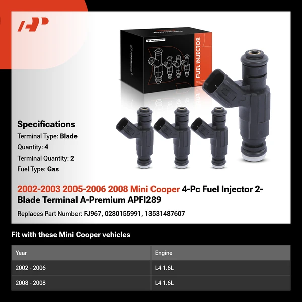 2002-2003 2005-2006 2008 Mini Cooper 4-Pc Fuel Injector 2-Blade Terminal A-Premium APFI289