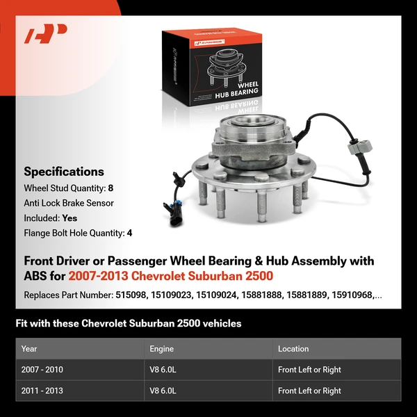 Front Driver or Passenger Wheel Bearing & Hub Assembly with ABS for 2007-2013 Chevrolet Suburban 2500