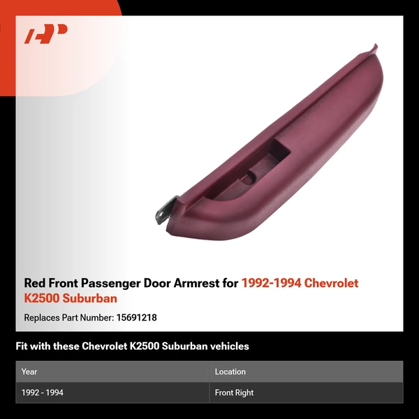 Red Front Passenger Door Armrest for 1992-1994 Chevrolet K2500 Suburban