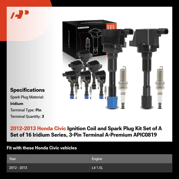 2012-2013 Honda Civic Ignition Coil and Spark Plug Kit Set of A Set of 16 Iridium Series, 3-Pin Terminal A-Premium APIC0819