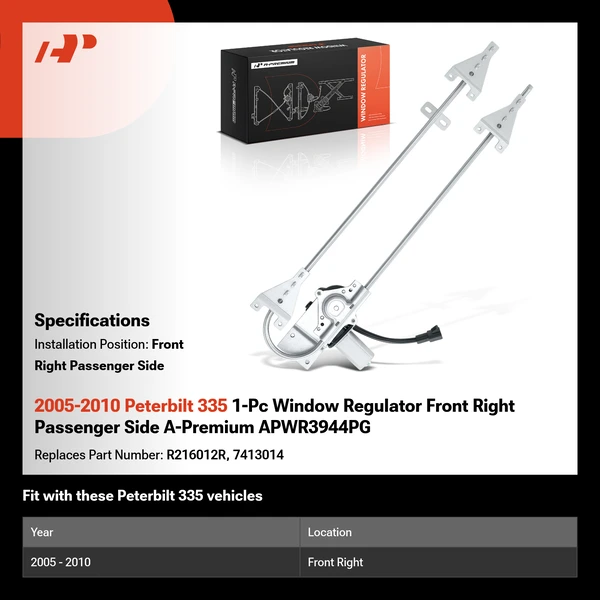 2005-2010 Peterbilt 335 1-Pc Window Regulator Front Right Passenger Side A-Premium APWR3944PG