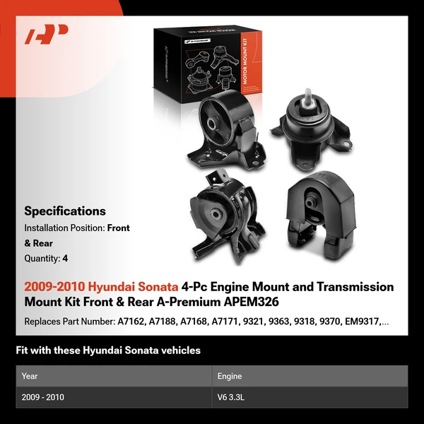 2009-2010 Hyundai Sonata 4-Pc Engine Mount and Transmission Mount Kit Front & Rear A-Premium APEM326