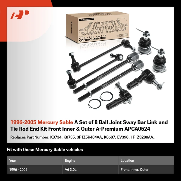 1996-2005 Mercury Sable A Set of 8 Ball Joint Sway Bar Link and Tie Rod End Kit Front Inner & Outer A-Premium APCA0524