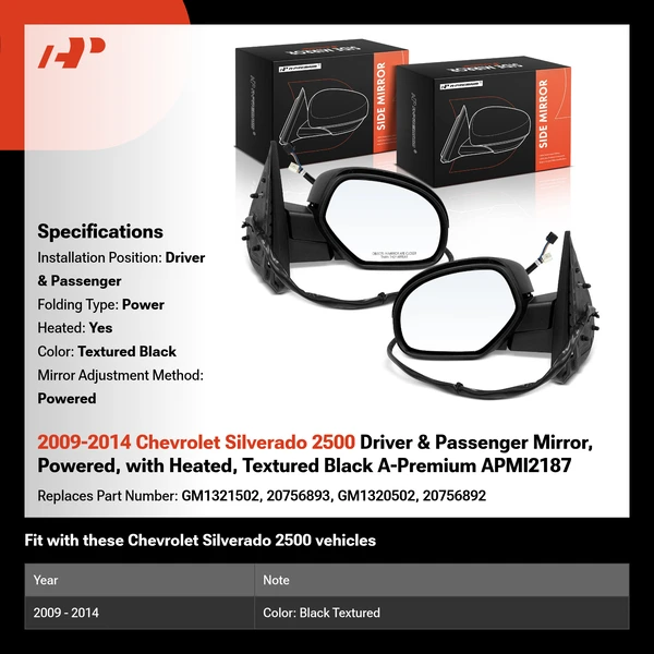 2009-2014 Chevrolet Silverado 2500 Driver & Passenger Mirror, Powered, with Heated, Textured Black A-Premium APMI2187