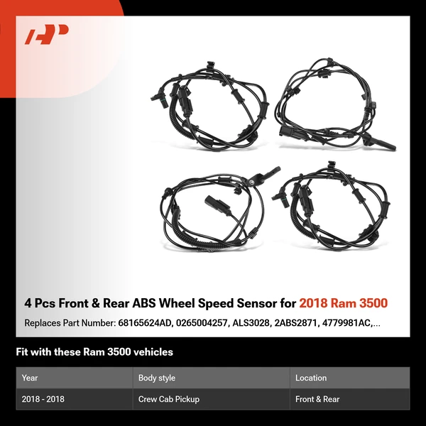 4 Pcs Front & Rear ABS Wheel Speed Sensor for 2018 Ram 3500