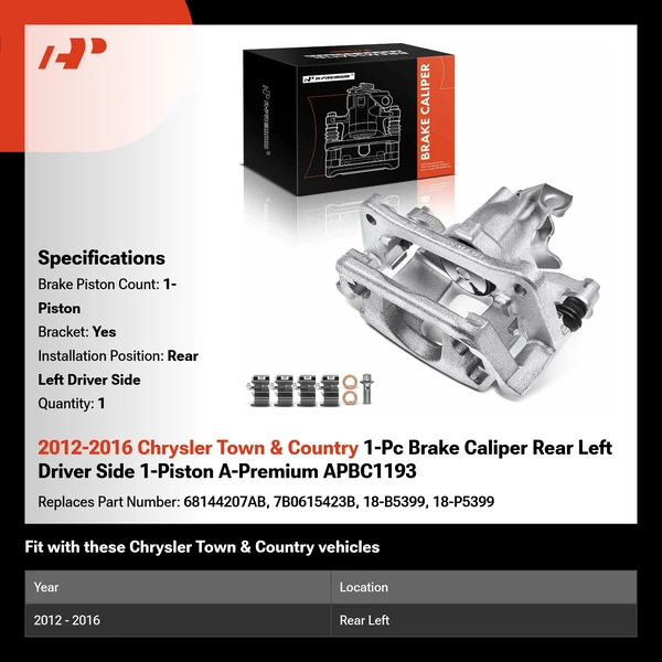 2012-2016 Chrysler Town & Country 1-Pc Brake Caliper Rear Left Driver Side 1-Piston A-Premium APBC1193
