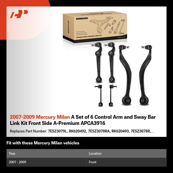2007-2009 Mercury Milan A Set of 6 Control Arm and Sway Bar Link Kit Front Side A-Premium APCA3916