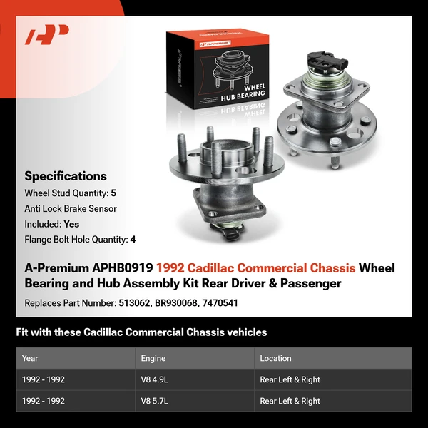 A-Premium APHB0919 1992 Cadillac Commercial Chassis Wheel Bearing and Hub Assembly Kit Rear Driver & Passenger