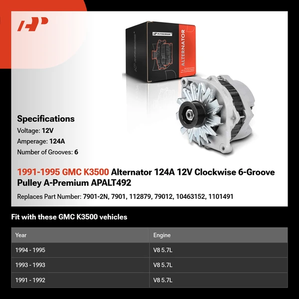 1991-1995 GMC K3500 Alternator 124A 12V Clockwise 6-Groove Pulley A-Premium APALT492