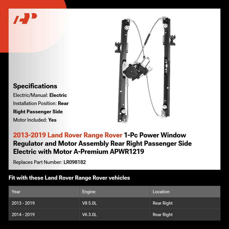 2013-2019 Land Rover Range Rover 1-Pc Power Window Regulator and Motor Assembly Rear Right Passenger Side Electric with Motor A-Premium APWR1219