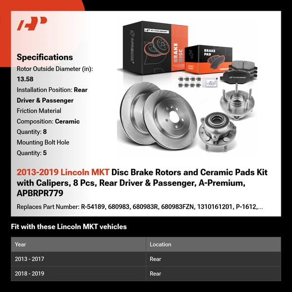 2013-2019 Lincoln MKT Disc Brake Rotors and Ceramic Pads Kit with Calipers, 8 Pcs, Rear Driver & Passenger, A-Premium, APBRPR779