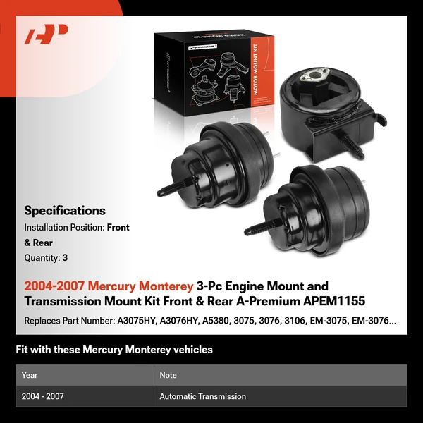 2004-2007 Mercury Monterey 3-Pc Engine Mount and Transmission Mount Kit Front & Rear A-Premium APEM1155