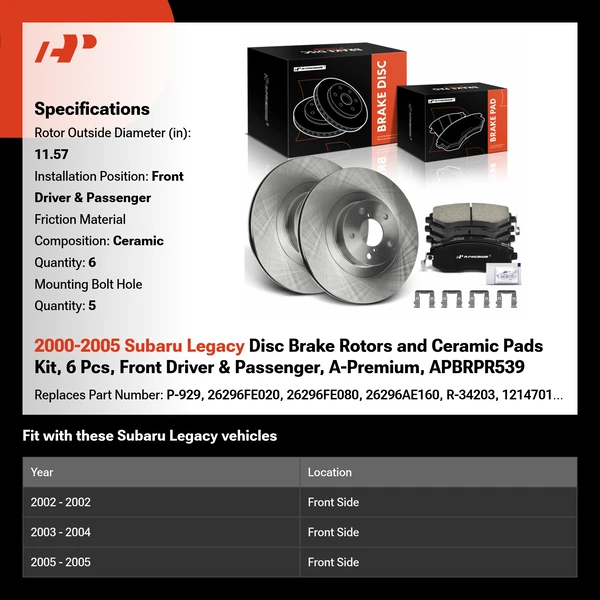 2000-2005 Subaru Legacy Disc Brake Rotors and Ceramic Pads Kit, 6 Pcs, Front Driver & Passenger, A-Premium, APBRPR539