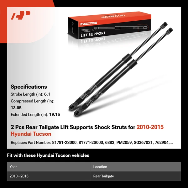 2 Pcs Rear Tailgate Lift Supports Shock Struts for 2010-2015 Hyundai Tucson