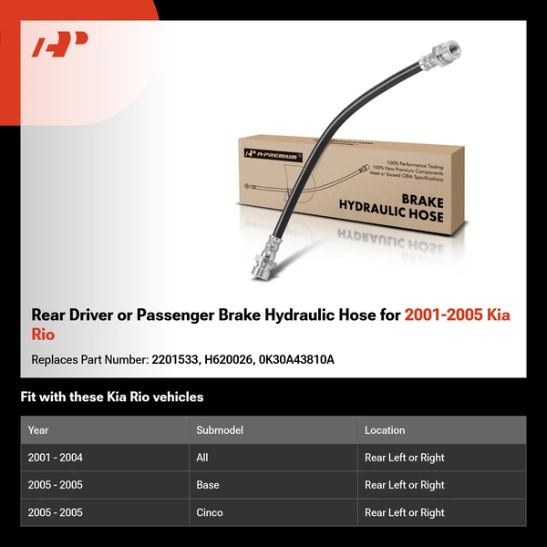 Rear Driver or Passenger Brake Hydraulic Hose for 2001-2005 Kia Rio