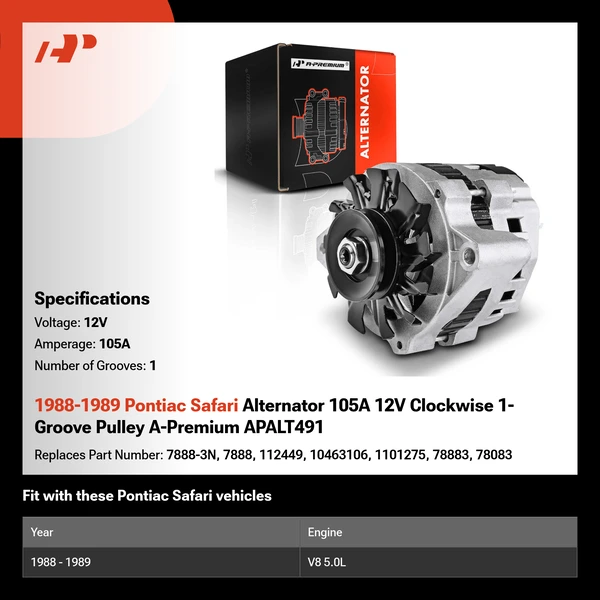1988-1989 Pontiac Safari Alternator 105A 12V Clockwise 1-Groove Pulley A-Premium APALT491