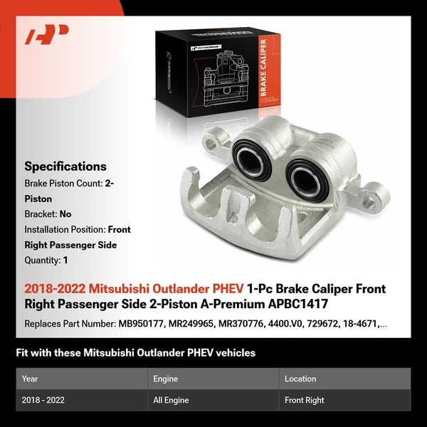 2018-2022 Mitsubishi Outlander PHEV 1-Pc Brake Caliper Front Right Passenger Side 2-Piston A-Premium APBC1417