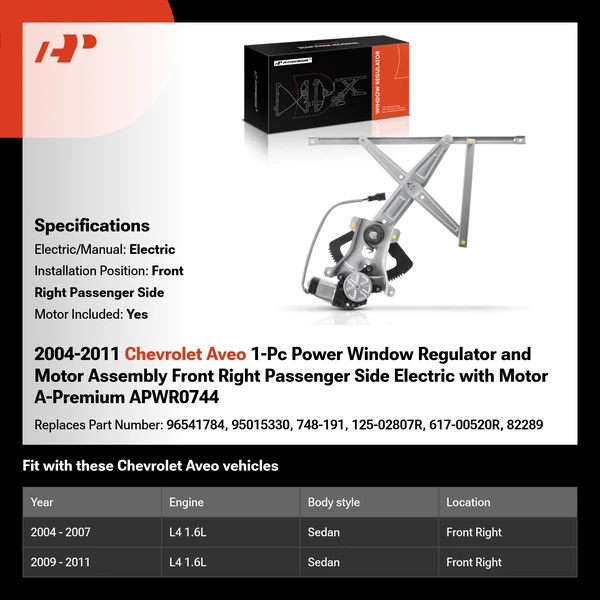 2004-2011 Chevrolet Aveo 1-Pc Power Window Regulator and Motor Assembly Front Right Passenger Side Electric with Motor A-Premium APWR0744