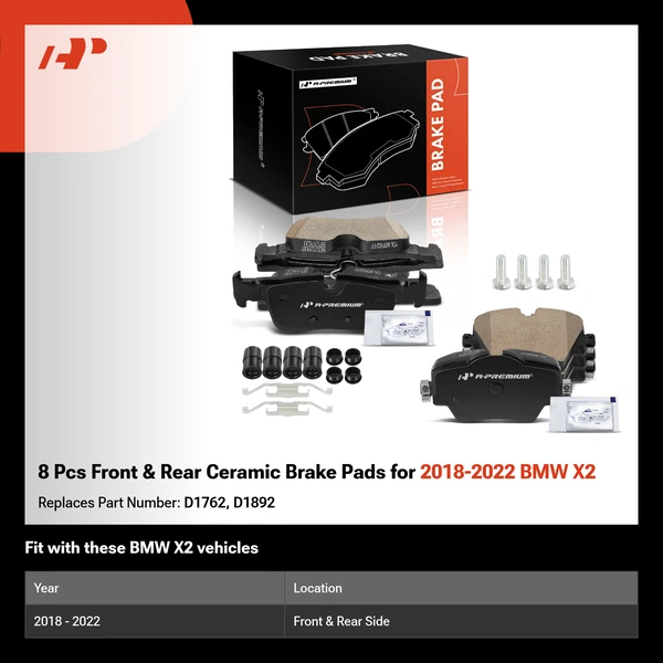 8 Pcs Front & Rear Ceramic Brake Pads for 2018-2022 BMW X2