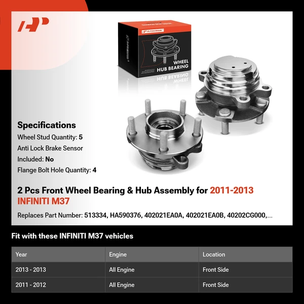 2 Pcs Front Wheel Bearing & Hub Assembly for 2011-2013 INFINITI M37
