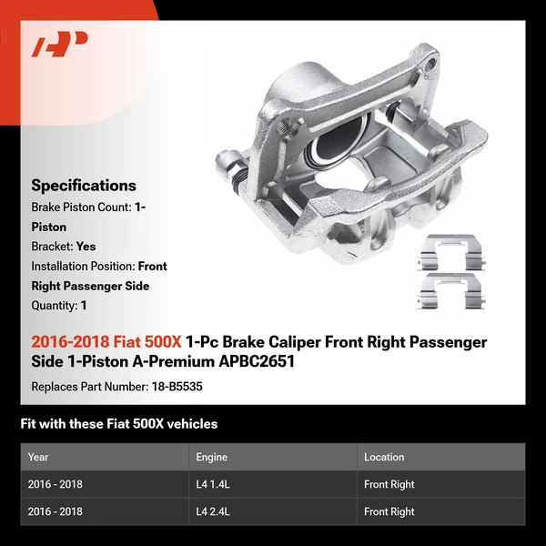 2016-2018 Fiat 500X 1-Pc Brake Caliper Front Right Passenger Side 1-Piston A-Premium APBC2651