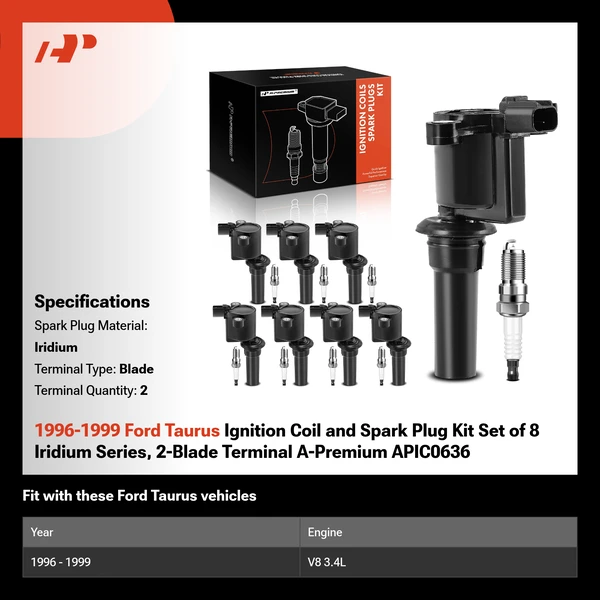 1996-1999 Ford Taurus Ignition Coil and Spark Plug Kit Set of 16 Iridium Series, 2-Pin Terminal A-Premium APIC0636