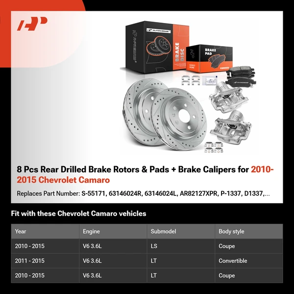 8 Pcs Rear Drilled Brake Rotors & Pads + Brake Calipers for 2010-2015 Chevrolet Camaro